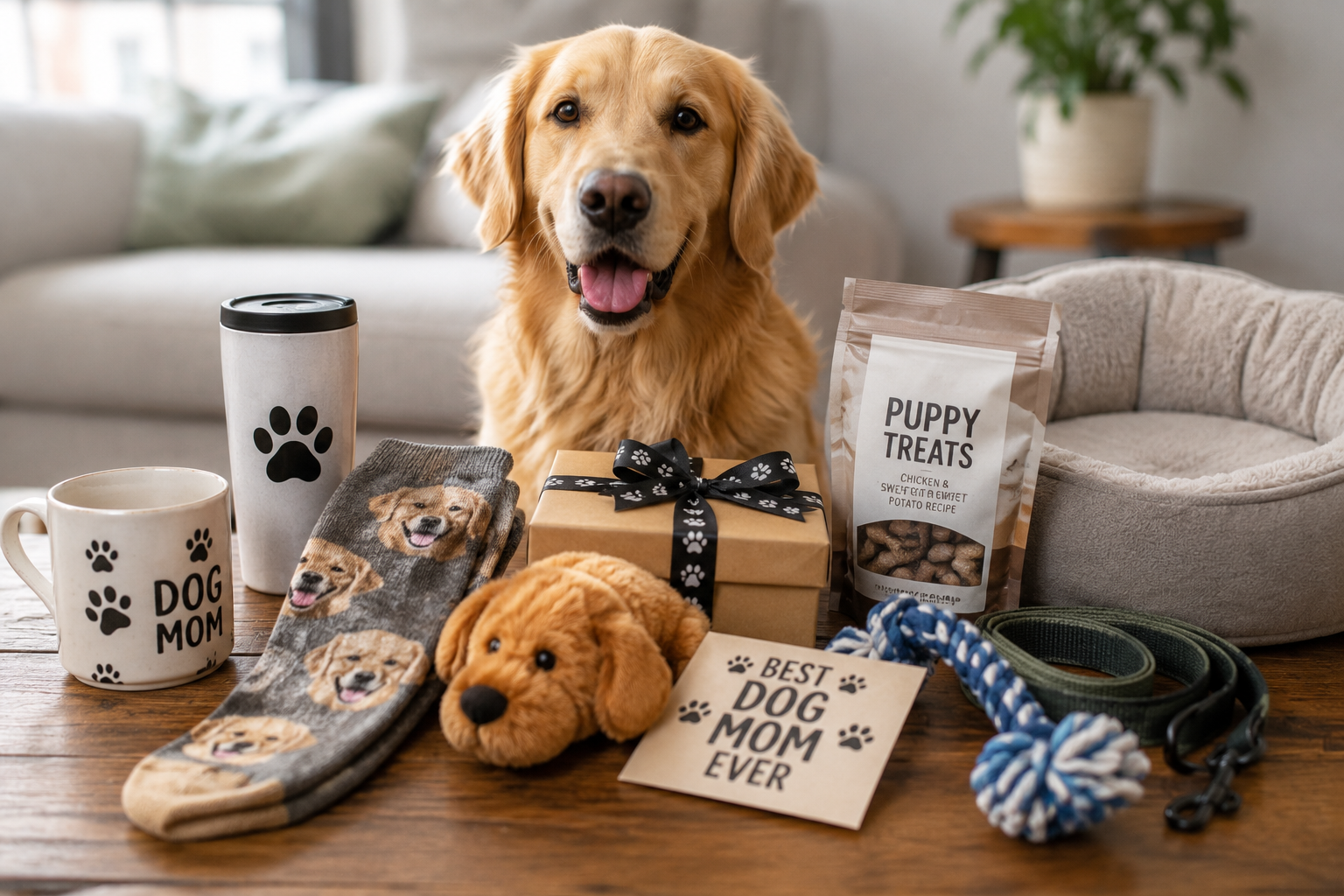 golden retriever surrounded by dog toys, treats and other items