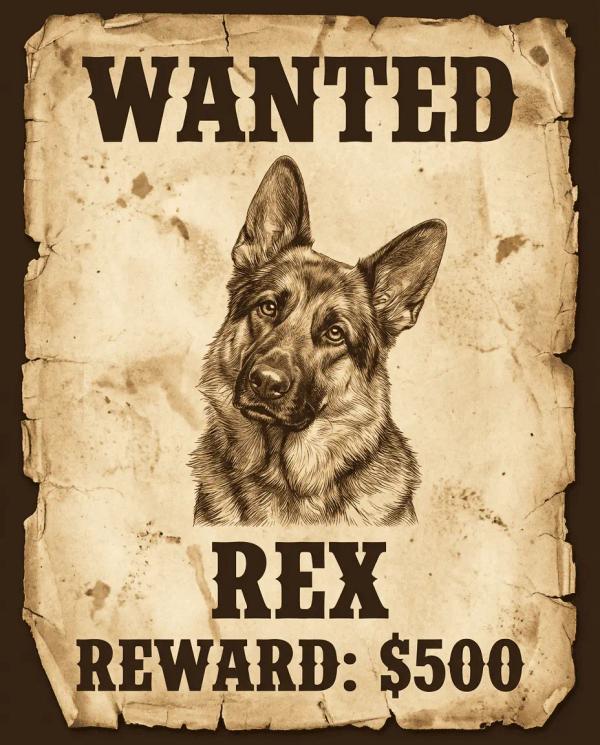 Customised Wanted Poster pet portrait style